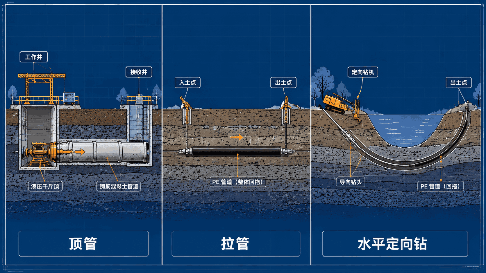 顶管拉管水平定向钻3种工艺原理示意图_非开挖工艺对比