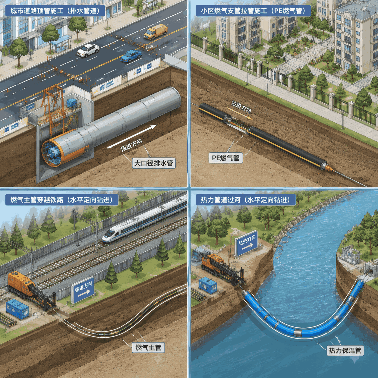 非开挖施工4种场景应用_城市道路燃气铁路河流穿越方案